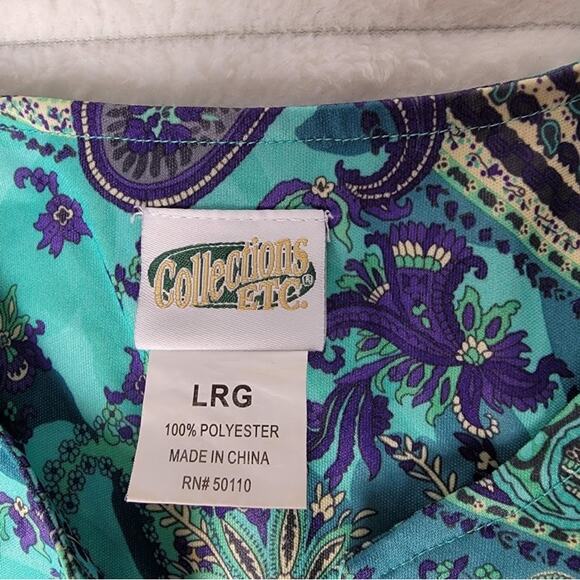 Collections Etc Paisley Caftan Lounge Dress Large Teal Purple Zip Front Maxi - Picture 8 of 9